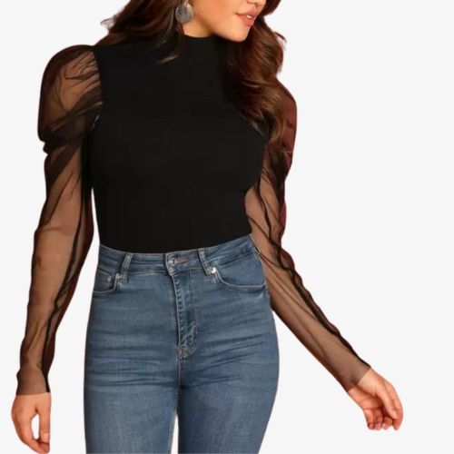 Women Casual Neted Puff Sleeves Top