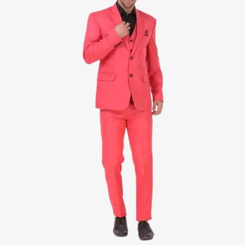 Stylish Cotton Pink Solid Coat With Pant And Waistcoat For Men