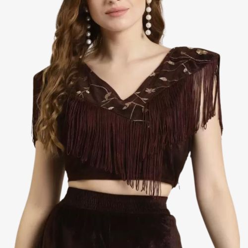 Women Velvet Embroidered Crop Top