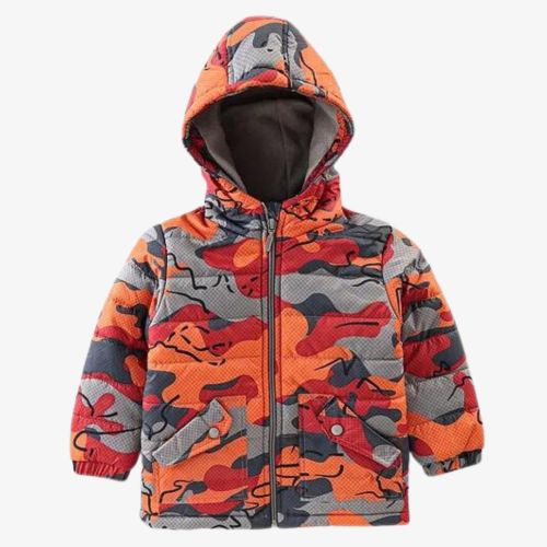 Full Sleeves Hooded & Padded Jacket Camo Print- Orange Red & Grey