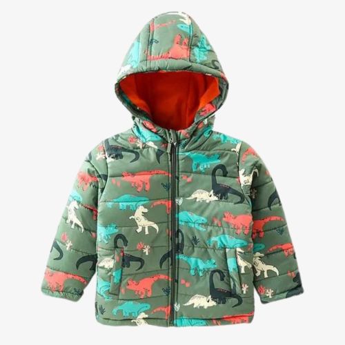 Full Sleeves Hooded & Padded Jacket Dino Print- Green