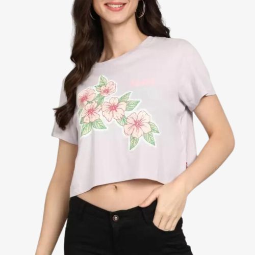 Women's Slim Fit Tee Women Floral Print Round Neck Pure Cotton Purple T-Shirt