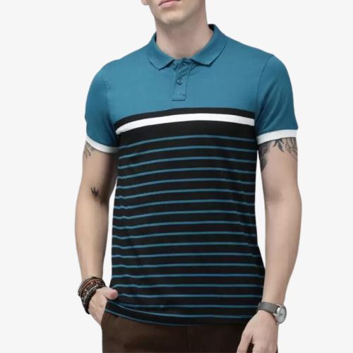 Striped Polo Neck Pure Cotton Blue T-Shirt